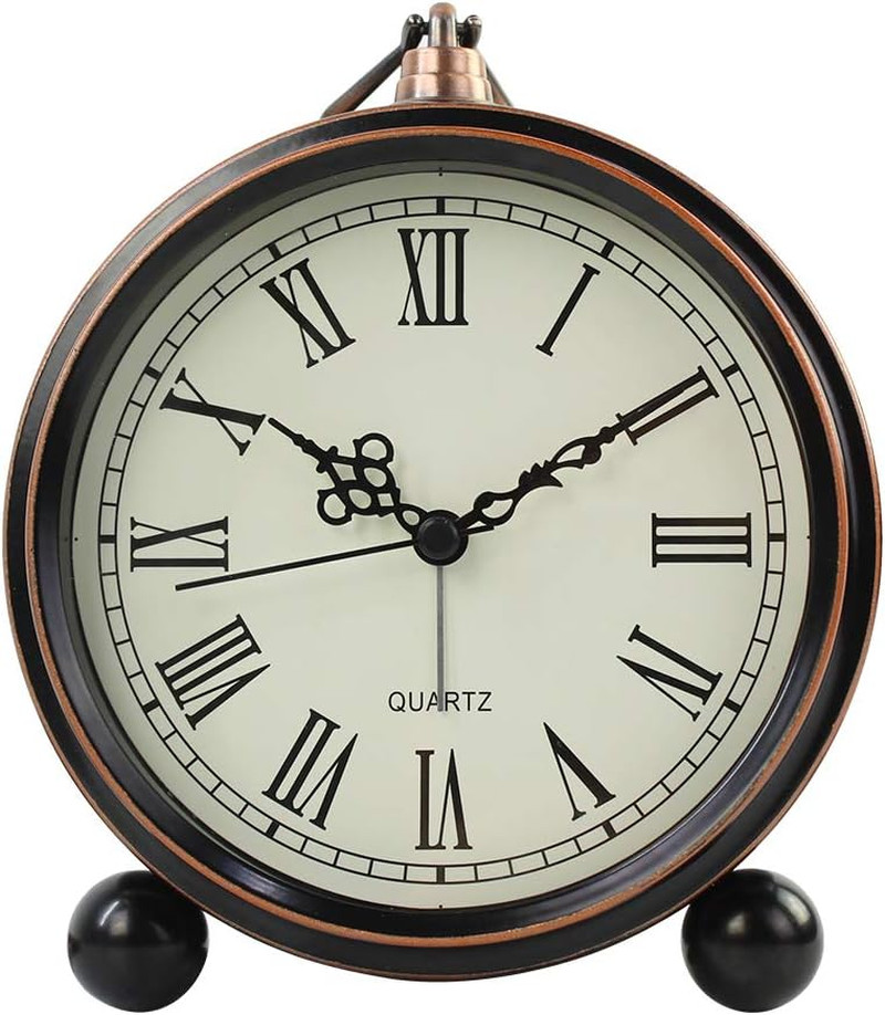 Retro Metal Table Clock Battery Operated Non-Ticking Silent Quartz Table Desk Sm
