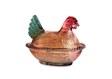 Vintage Glass Hen on Nest Dish with Lid - Large Pedestal Rooster Glass Candy Bow