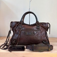 BALENCIAGA The City 115748 Brown Leather 2Way Motorcycle Bag Aged Brass Italy