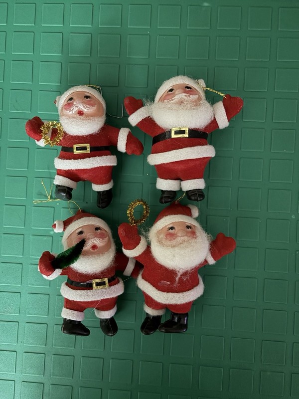 Set Of 4 1970s Vintage Flocked Santa Claus Ornaments
