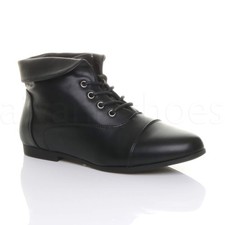 WOMENS LADIES LOW HEEL FLAT LACE UP FOLD OVER CUFF VINTAGE PIXIE ANKLE BOOTS