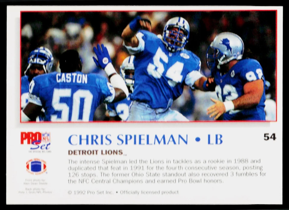 Chris Spielman, 1992 Pro Set Power, #54, Detroit Lions, - Image 2 of 2