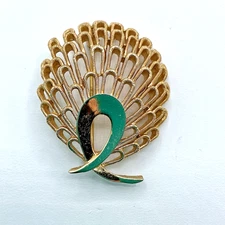 Crown Trifari Signed Gold Tone Abstract Peacock Tail Brooch Pin