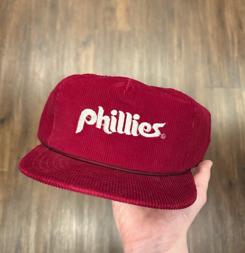 Vintage 80s Philadelphia Phillies Champion Corduroy SnapBack Hat Burgundy NOS