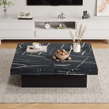Modern Square Coffee Table with Marble Look, Centre Tea Table w/ Sliding Drawers