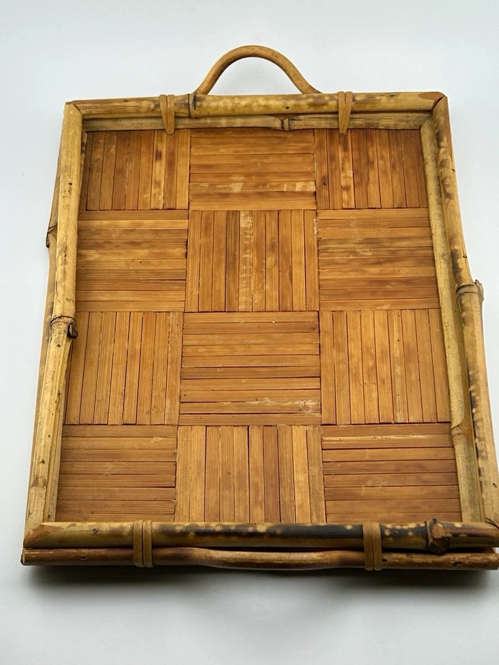 VTG Burnt Bamboo Rattan Serving Tray 11½″×9½″ Tortoise Finish Boho 1960s Tiki - Image 4 of 4