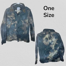 Rag Union Studded Washed Denim Coat One Size Women's Green Military Style