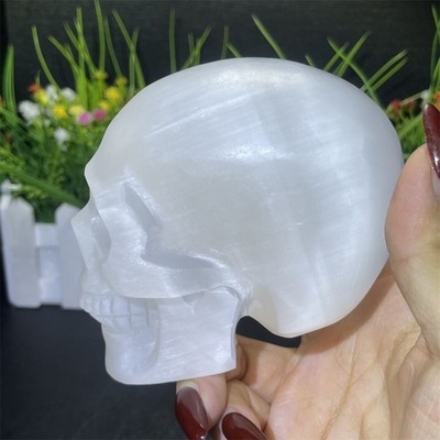 1.5LB 3.9'' Natural Selenite Skull Crystal Quartz MIneral Healing Carved Decor