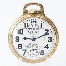 ELGIN 1933 UP/DN WIND INDICATOR 21j 10KGF  16s RR POCKET WATCH RUNNING