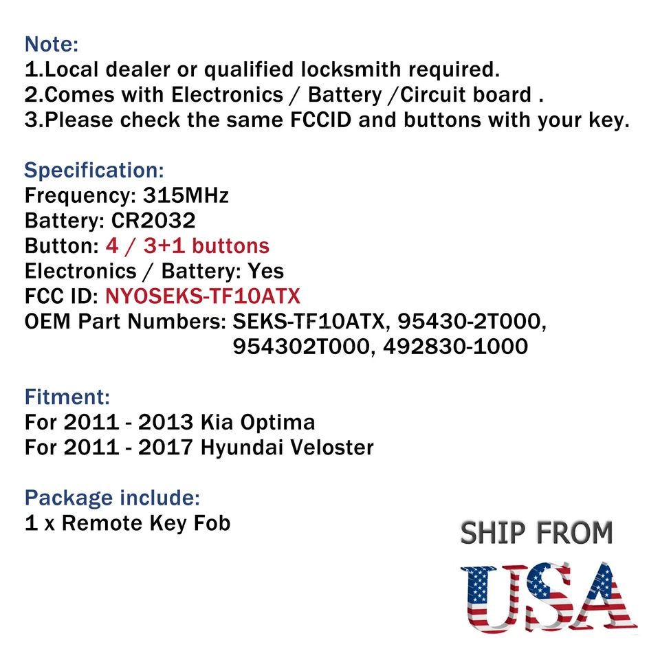 For 2012 2013 2014 2015 2016 2017 Hyundai Veloster Keyless Remote Car Key Fob - Image 2 of 4