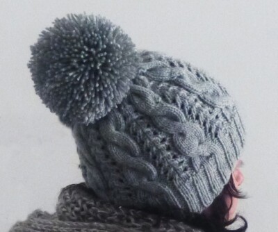 Knitting Pattern for Cable Knit Pompom Hat: PDF Description with Charts, Photos