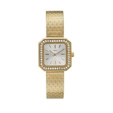NEW-TIMEX GOLD TONE,MESH BAND,CRYSTAL BEZEL,SQUARE SMALL DIAL WATCH-T2P550