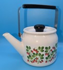 Cute & Useful!  Vtg White Enamel  w/ Strawberry Fields ~ Small Stove Top TeaPot — photo 5