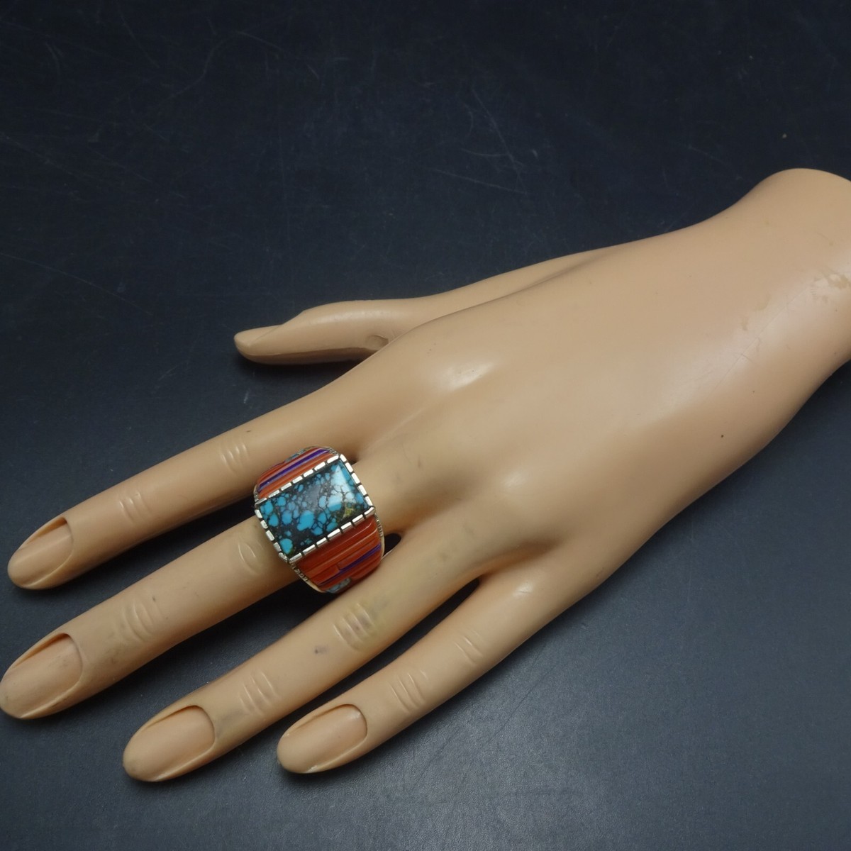 ISIAH BEGAY Sterling Silver CORAL Corn Row Inlay RING size 9.5 