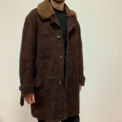 Genuine Sheepskin Shearling Buttoned Belted Coat Brown Size XL - Picture 5 of 6