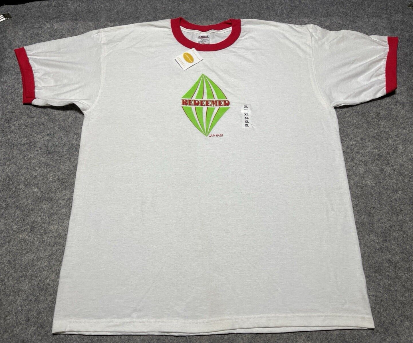 New White Red Ringer Tee Anvil Vintage Redeemed Christian Shirt XL JOB 19:25 Y2K