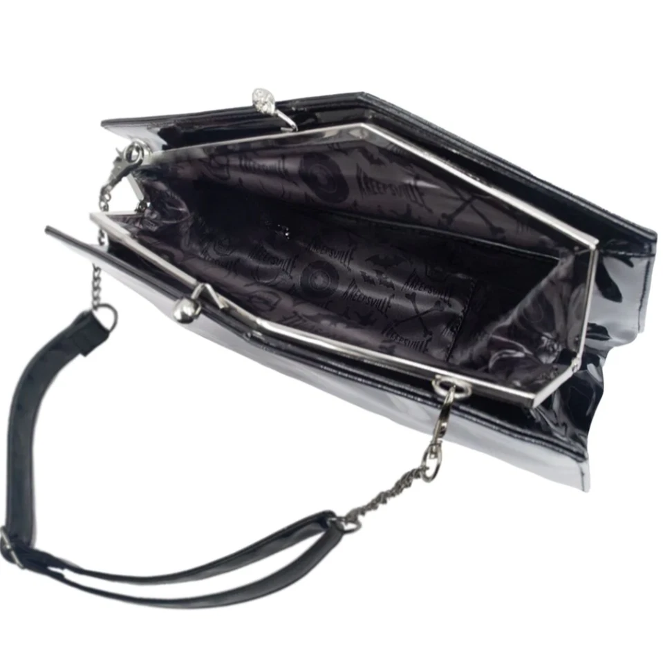 Bolso de Hombro Kreepsville 666 Negro Brillante Patente Calavera Kisslock Ataúd Nuevo con Etiquetas Foto 2 de 4