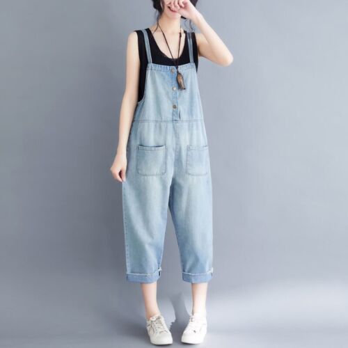 Chic Women Jeans Overalls Wide Leg Denim Bib Jumpsuits Pockets Loose Casual Blue - Picture 15 of 15