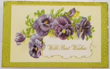 BEST WISHES Purple Flowers Embossed Antique c1916 Postcard