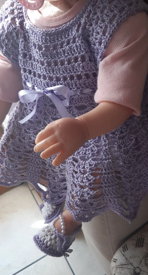 Vestito neonata 0-3 mesi, lilla, scarpine, fascetta uncinetto, cotone,cerimonia - Immagine 4 di 4