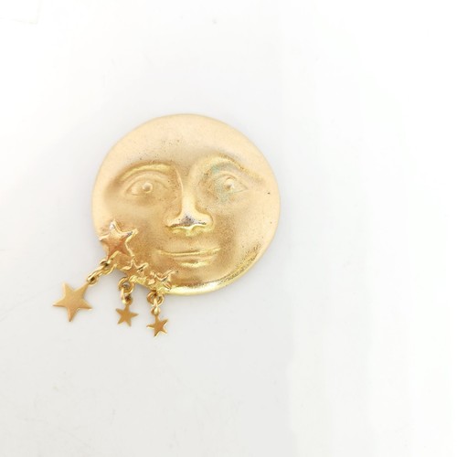 Spilla Vintage Celeste Sorridente Faccia di Luna con Stella Pendenti Tono Oro 1,75" - Foto 2 di 4