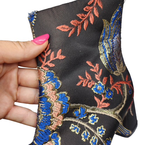 Zara Shoes Womens 37 6.5 7 Black Embroidered Floral Oriental Booties Block Heel - Picture 8 of 12