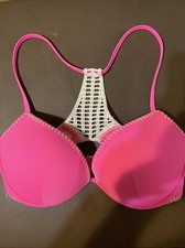 Victoria’s Secret Sz 32DDD The Fabulous Halter Swim Top Crochet Back  Hot Pink