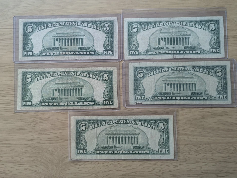 US Five, $5 Bills, 1928C, 1953, 1962, 1963A, Red,Blue,Green Seals - Image 2 of 2