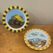 Two Tonka Hasbro Plates 8" Divided 8 1/2" Construction Trucks Melamine