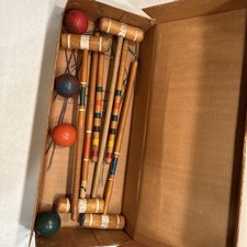 Vintage Wooden Croquet Lawn Set With Wickets Good Condition