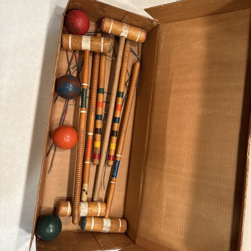 Vintage Wooden Croquet Lawn Set With Wickets Good Condition