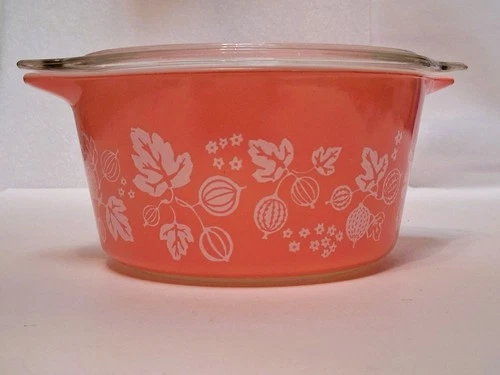 Vtg 1960s Pyrex bowl, pink Gooseberry 1.5 qt casserole dish 473 with Lid, EUC!