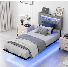 Bedroom Floating Bed Frame Single Size RGB Led Light Platform Charging Station
