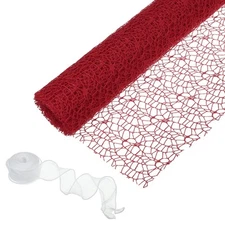 Flower Wrapping Mesh Paper 15ft Floral Bouquet Craft Packaging with Ribbon Red