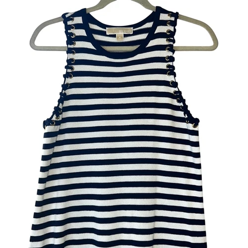 Abito donna Michael Kors blu navy e bianco a righe dettagli stringati medio