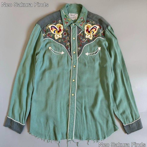 50er H BAR C Herren Vintage Western Stickerei Hemd grün x grau Gr. M gebraucht
