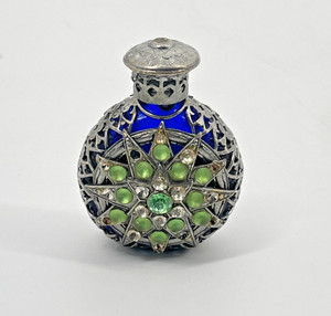 Vintage Czech Light Green/clear Crystal & Pewter Design Perfume Bottle Dauber