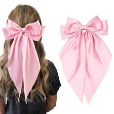 Hair Bows for Women Girls,Pink Silky Satin Hair Barrettes with Long Ribbon Ta...