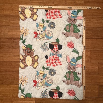 Vintage 1950-1960 Baby Crib Blanket Quilt Dog Cat Rabbit Bear Whimsical 38 x28 