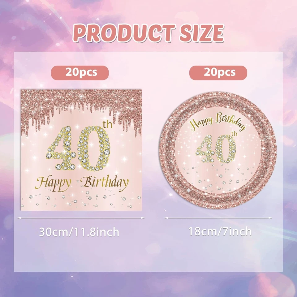 40 PCS 40Th Birthday Decorations for Women 40Th Birthday Plates and Napkins Set - Image 2 of 4