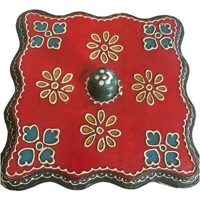 Vtg Hand Painted India Raised Green Red Wood Trinket Storage Box Retro Boho