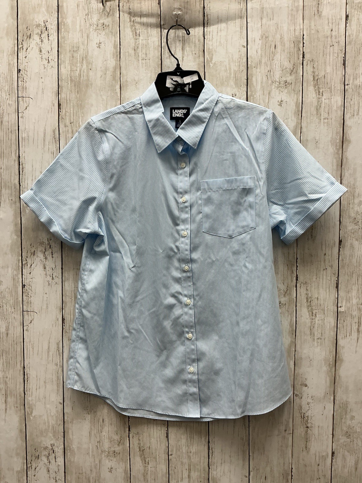 Lands' End Women's Blue & White Striped Short Sleeve Button Down Shirt, Small