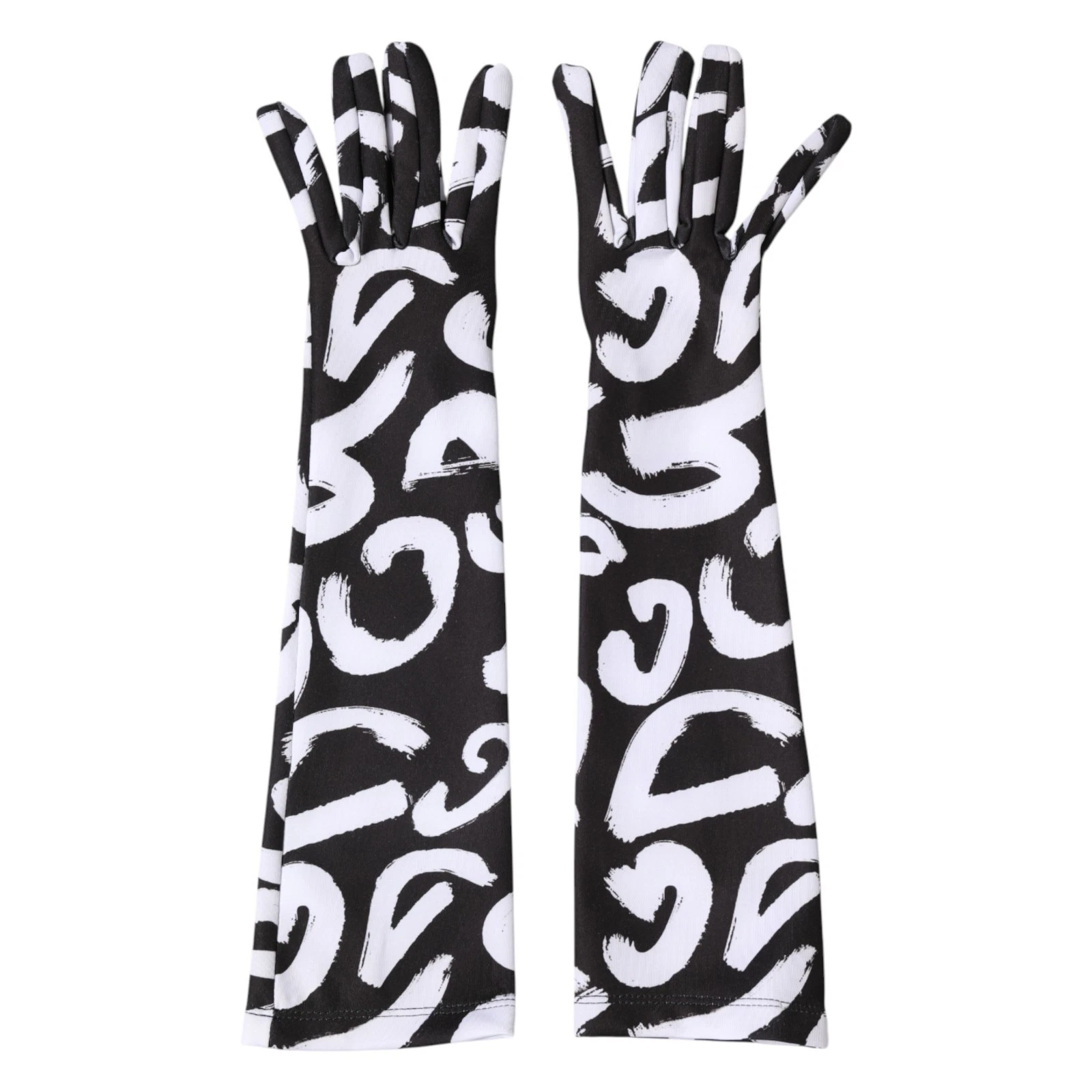 DOLCE & GABBANA Gloves Black White DG Logo Elbow Length Mitten s. 7 / S 680usd
