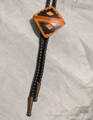 Hand-Carved Coconut Shell Bolo Tie - Geometric Tribal Design - Folk Art