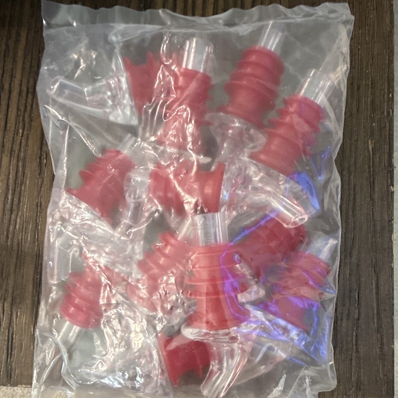 10 Red Plastic Bottle Pourer Spouts with Stopper Inserts, Bagged