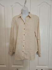 Chicos Shirt No Iron 0 Small Button Up Beige White Stripe Tab Sleeve 100% Linen