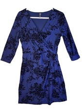 Alya Women's Velvety Floral Print Lined Side Knot Dress Navy Blue Size Small