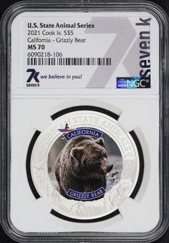 2021 Cook Islands $5 Silver US State California Grizzly Bear NGC MS-70 7k Label