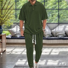 Men Summer Outfit 2-Piece Set Short Sleeve Shirt and Pants Sweatsuit Set
