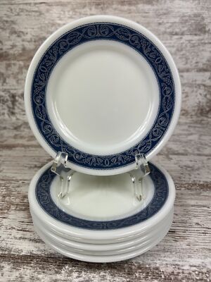 6 Gorgeous Vintage Corning Pyrex Tableware Bread Plates ~ Blue Scroll Band